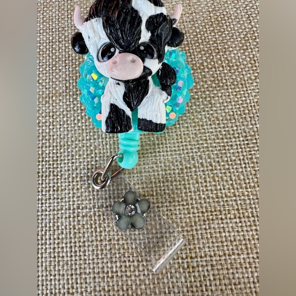 Cute Black & White Cow Badge Reel Card Holder with Teal Accent - Picture 5 of 5